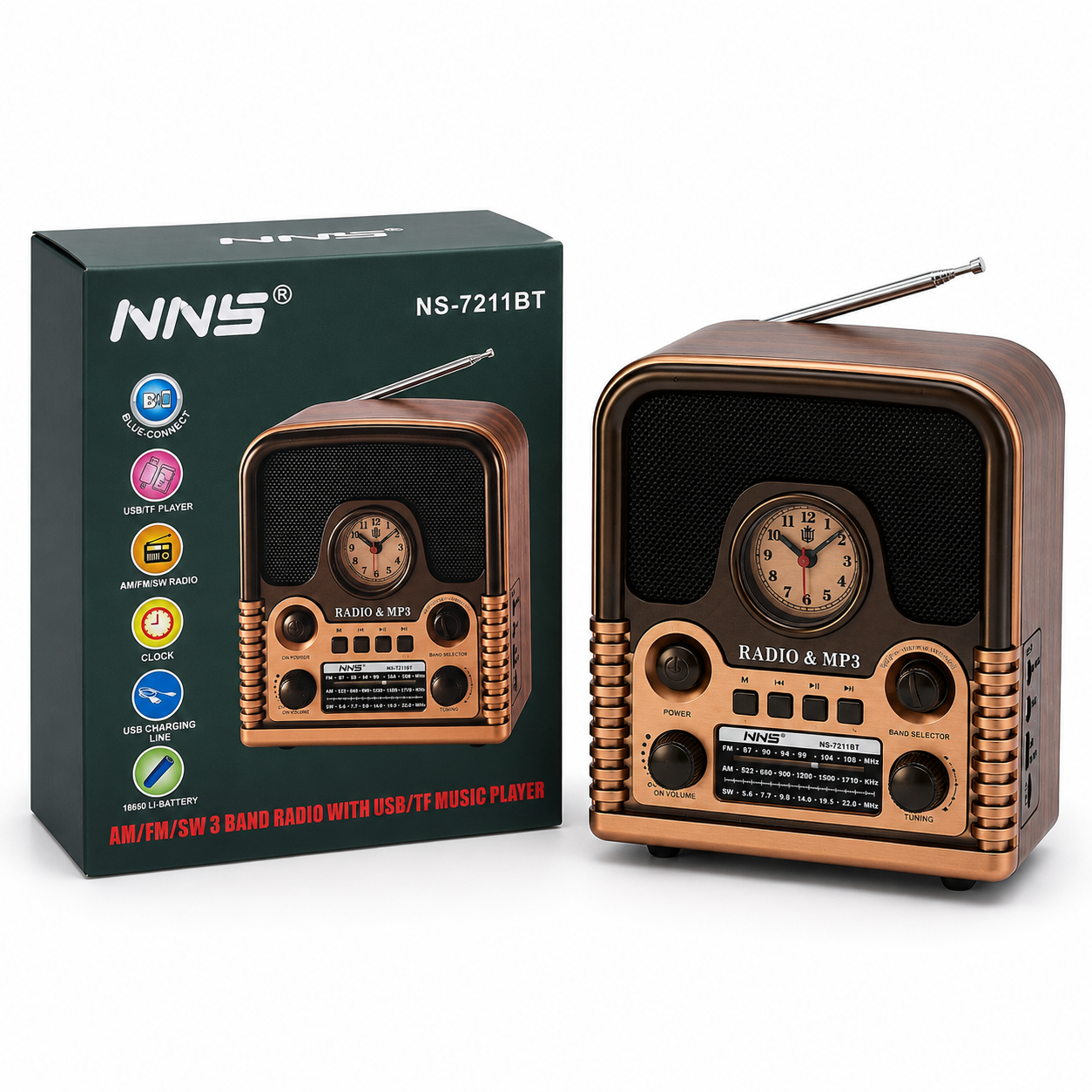 NNS Ribbed Copper Radio & Clock NS-7211BT